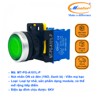 Nút Nhấn ON Có Đèn Xanh Lá MASTER - Loại Tự Nhả, Viền Mạ Bạc