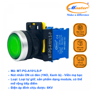 Nút Nhấn ON Có Đèn Xanh Lá MASTER - Loại Tự Giữ, Viền Mạ Bạc